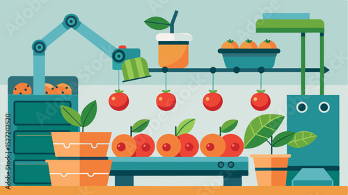 An illustration showcasing the sustainability factor of automated fruit sorters with reduced waste and increased productivity leading to improved profits for farmers.. Vector illustration