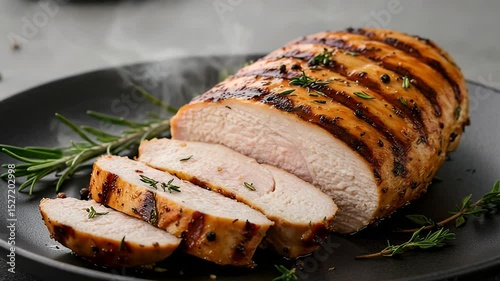 Grilled Chicken Breast Slices on Black Plate with Rosemary and Thyme Garnish in Studio Lighting Healthy Eating