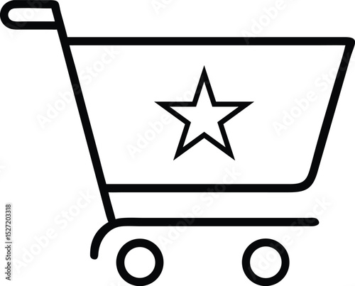 E-commerce Shopping Cart with Star Symbol. Retail Cart Icon with Favorite Mark – Black Line Art.