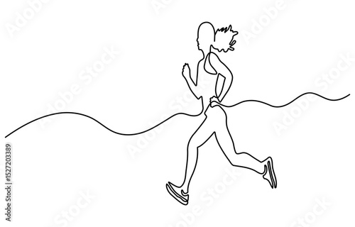 Man Woman running continuous one line drawing. Jogging abstract single line art, Single continuous line drawing of a young woman athlete running fast. Sport running woman concept of sports.