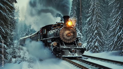 Nostalgic winter journey an old steam train chugs through a snowy forest landscape evoking a sense of timeless adventure and seasonal magic in an icy wonderland photo