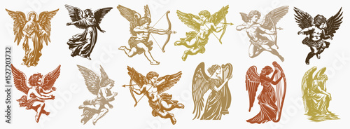 Golden cherubs on maroon background, element vector set
