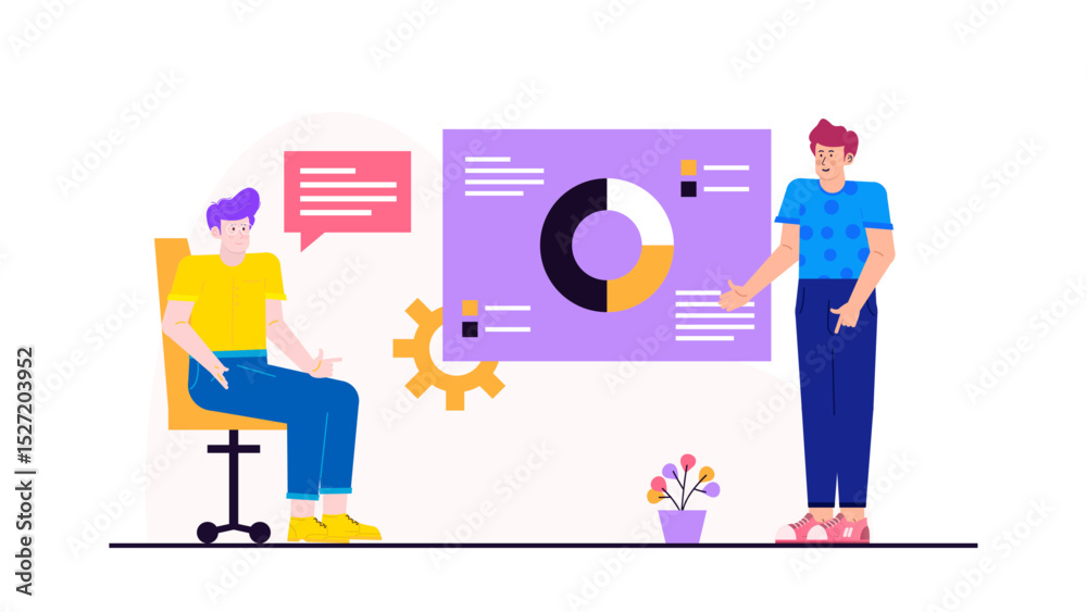 Fototapeta premium Two people discussing a pie chart on a purple board. Suitable for business presentations, data analysis, team meetings, and marketing reports.