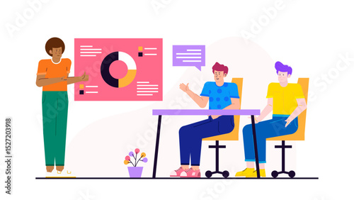 Man presenting pie chart to coworkers. Suitable for business presentations, statistical analysis discussions, corporate meetings, data visualization concepts.