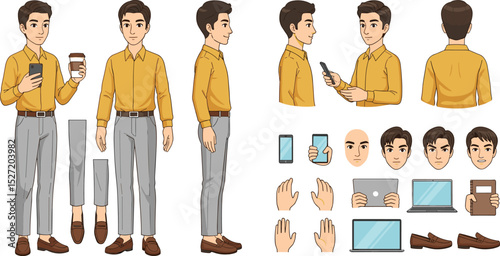Casual business man character constructor for animation. Front, side and back view set. Body parts, postures, poses collection.