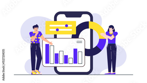 Two people checking financial graphs on smartphone. Suitable for business presentations, technology articles, market research reports, and financial blogs.