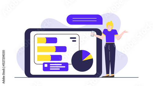 Title Woman presenting data on a tablet. Suitable for presentations, digital marketing blogs, technology websites, and business reports for a modern touch.