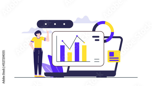 Woman pointing to a chart on laptop screen. Ideal for business presentations, financial reports, data analysis, and technology concepts.