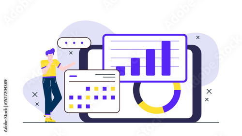 Man in yellow shirt and blue pants studies bar chart data analysis. Suitable for financial presentations, business reports, retail analytics.