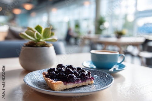 Freshly Baked Blueberry Tart Served on a Decorative Plate Alongside a Cup of Coffee in a Cozy Cafe with Natural Light and Indoor Plants
