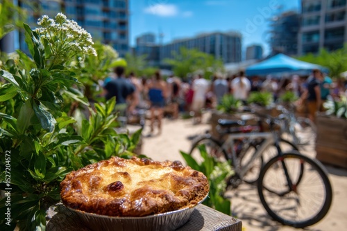 Freshly Baked Pie in Sunlit Outdoor Market Surrounded by Vibrant Greenery and Crowds Enjoying a Warm Day of Socializing and Relaxation