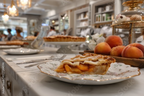 Freshly Baked Peach Pie Slice on Elegant Plate Decorated with Delicate Floral Design in Cozy, Charming Bakery Setting with Soft Lighting and Artisan Details