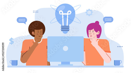 Two people at a desk, looking at a computer screen. Suitable for remote work, teamwork, collaboration, business, technology, and communication concepts.