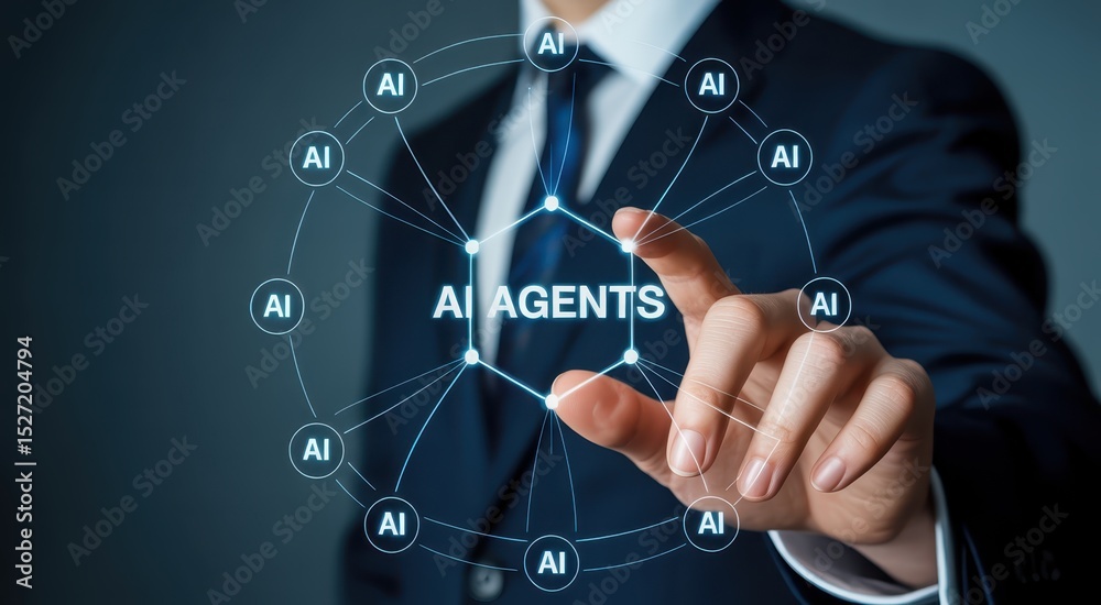 Fototapeta premium Businessman Interacting with AI Agents Technology Concept Graphic