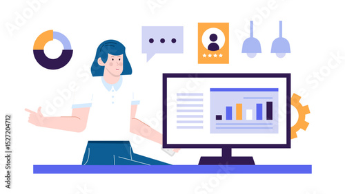 Woman pointing at computer graph. Perfect for business presentations, data analysis reports, technology articles, professional blogs, and marketing content.