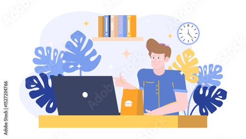 Man in blue shirt at desk with laptop and burger. Suitable for office, food, work from home, technology, freelancer concepts.