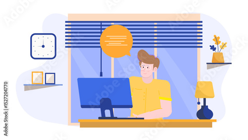 Man working at a desk with a computer. Suitable for illustrating remote work, business, technology, and virtual communication concepts.