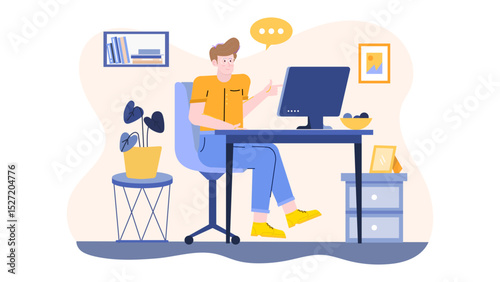 Man working on computer at home desk with a small plant next to him. Suitable for remote work or home office concepts.
