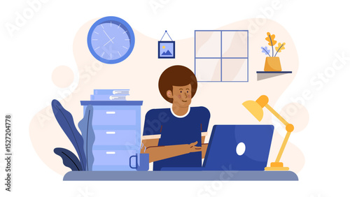Man working on laptop at desk. Suitable for business, technology, remote work, and freelance concepts. Productivity in modern work environment.
