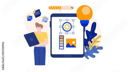 Man multitasking with laptop and smartphone, inspiration striking with a lightbulb. Perfect for technology, creativity, work, and innovation concepts.