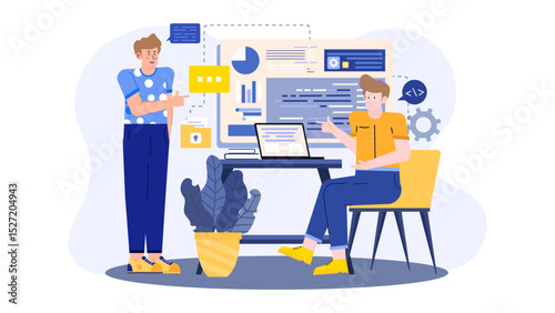 Two men engaged in a discussion about coding, suitable for technology blogs, software development websites, and educational materials on programming.