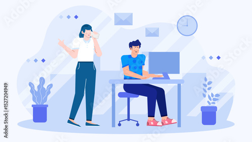 Man working on a computer and a woman talking on a phone. Suitable for business, technology, communication, telecommuting, multitasking concepts.