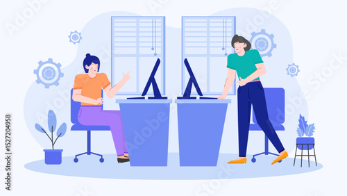 Two women discussing business in an office setting. Suitable for presentations, corporate websites, blogs, and marketing materials related to teamwork.
