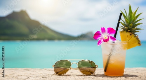 A tropical cocktail, pineapple slice, and sunglasses highlight a beach vacation's relaxing vibe.