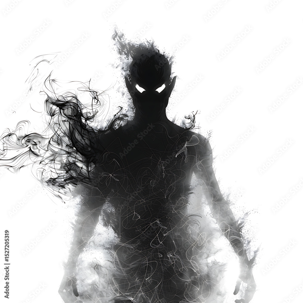 Fototapeta premium Shadow demon silhouette with piercing eyes and smoke-like body, mysterious entity isolated on white background