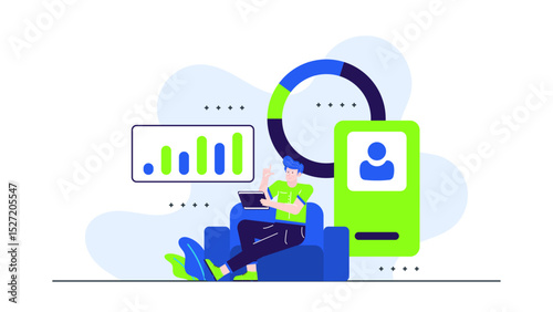 Man on couch looks at tablet with chart. Suitable for financial, business, technology concepts in advertising, presentations, websites.