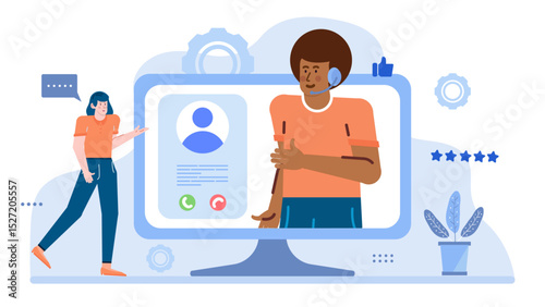 Woman on a video call with customer service agent. Suitable for websites, blogs, social media, and virtual communication concepts.