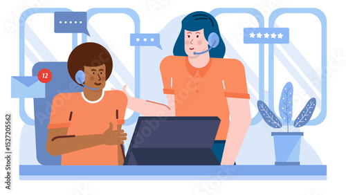 Two people working at a desk, discussing a project. Suitable for business, teamwork, collaboration, office, and work-related concepts.