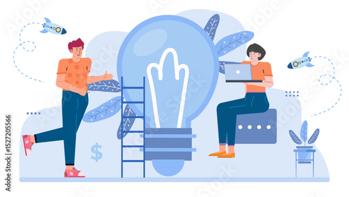 Woman working on a laptop with a man reaching for a giant light bulb. Business innovation concept suitable for presentations and websites.