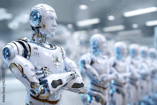 Futuristic humanoid robot standing confidently in a high-tech environment with other robots in the background, showcasing advanced technology and robotic design concepts.