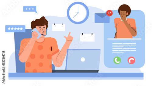 Businessman multitasking with phone and laptop, discussing work or conducting a conference call. Suitable for business communication or technology concepts.