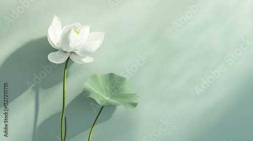 White lotus flower and leaf on green background with sunlight shadow.