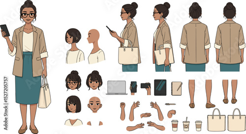Casual business woman holding smartphone. Character constructor for animation. Front, side and back view set.