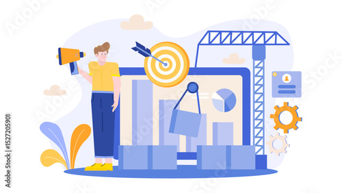 Man holds megaphone near construction site; ideal for marketing, protest, announcement themes in business, social movements, or construction industry.