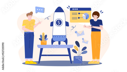 Two people in front of a rocket ship, ideal for science or technology related designs and promotional materials targeting futuristic themes.