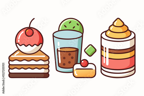 set dessert themed line icons layered trifle