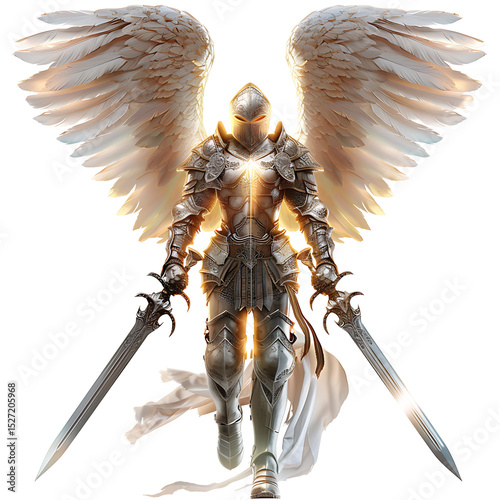 Guardian angel with armor and sword, glowing light from behind, isolated on white background.