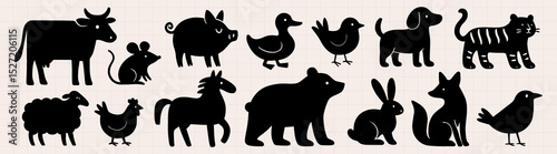 Silhouette of farm animals cow, pig, duck, horse, bear, rabbit, and more, black animal silhouettes vector set element, isolated on beige.
