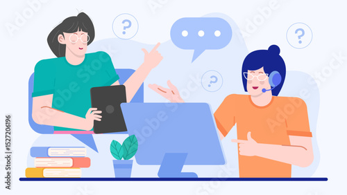 Two people puzzled with question marks hovering above. Perfect for illustrating confusion, uncertainty, decision-making, inquiry, or doubt in various concepts.