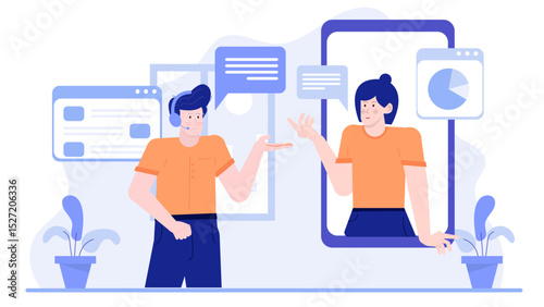 Man with headphones having video call with woman. Suitable for communication, technology, remote work, virtual meetings, online education concepts.