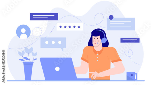 Vibrant woman with blue hair using laptop with headset, ideal for technology, communication, online work or remote job concepts.