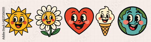 Cute cartoon icons smiling sun, pink popsicle, red heart, ice cream cone, and Earth, fun, colorful, cheerful designs vector set element, isolated on white.