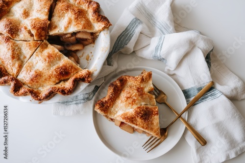 Golden Brown Apple Pie with Flaky Crust Slices on Plate Next to Pie Dish and Forks Surrounded by Linen Napkin in Cozy Kitchen Setting
