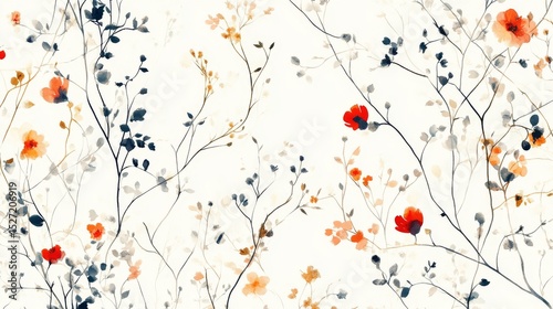 66.A seamless botanical illustration with abstractly arranged small florals, thin branches, and subtle leaves in a balanced composition on a soft white background.