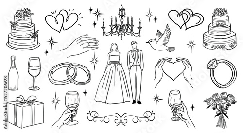 Elegant wedding celebration illustrations, isolated vector set