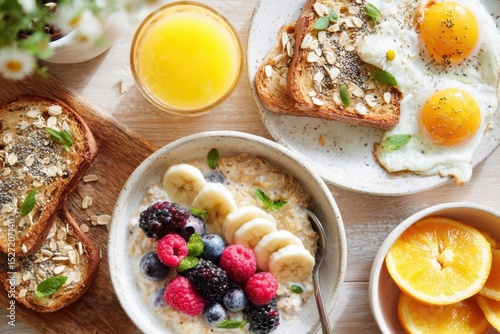 Healthy Breakfast Spread Featuring Oatmeal with Berries, Toasted Bread, Fried Eggs, Fresh Orange Slices, and Orange Juice on a Bright Table Setting